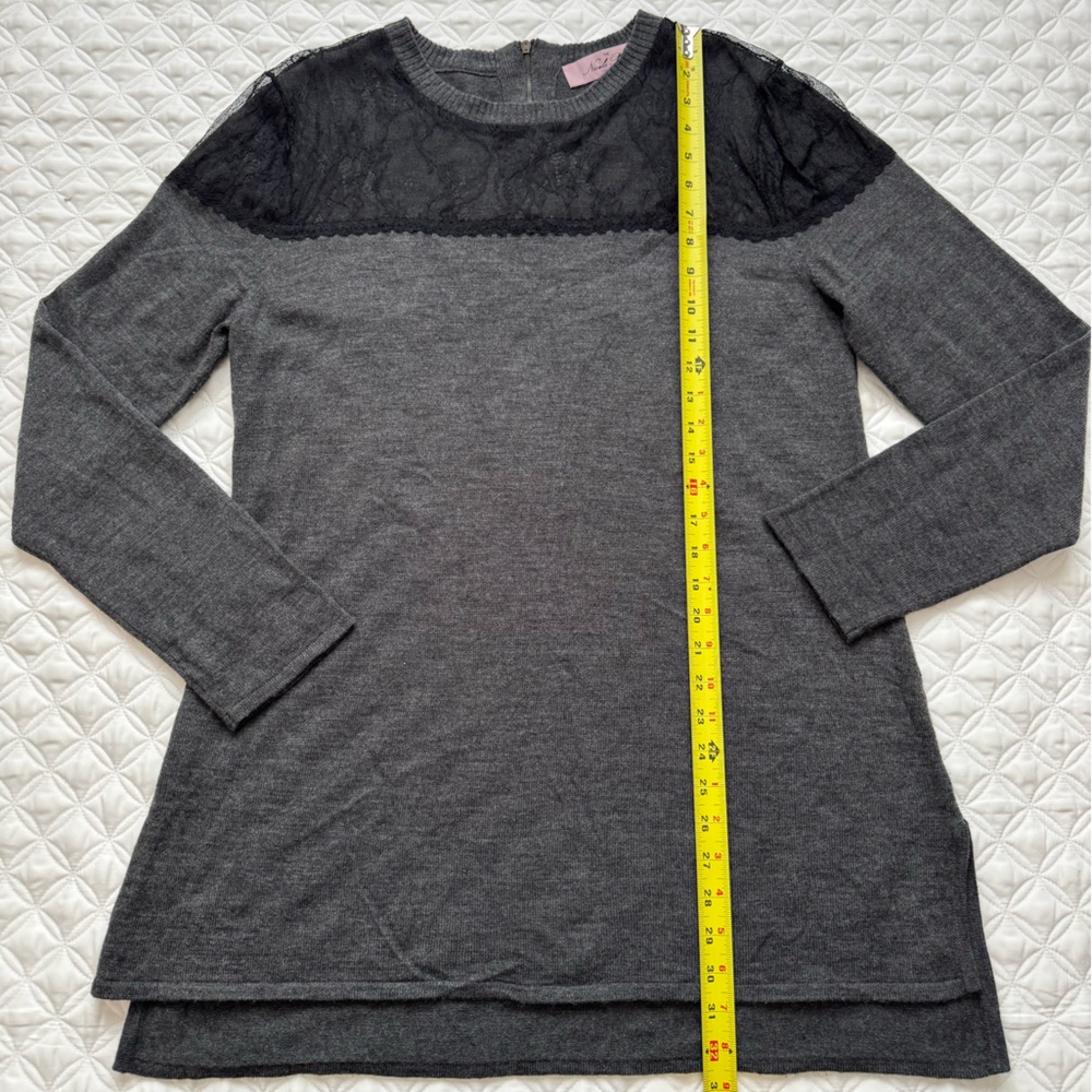 Nicole Richie Charcoal Gray Black Lace Yoke Zip Back Knit Tunic Sweater Sz L - Picture 10 of 15